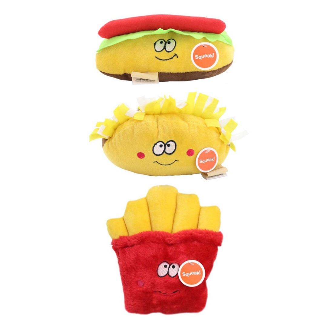 3x Paws & Claws 17cm Fast Food Plush Clip Strip Dog Toy Interactive w/ Squeaker