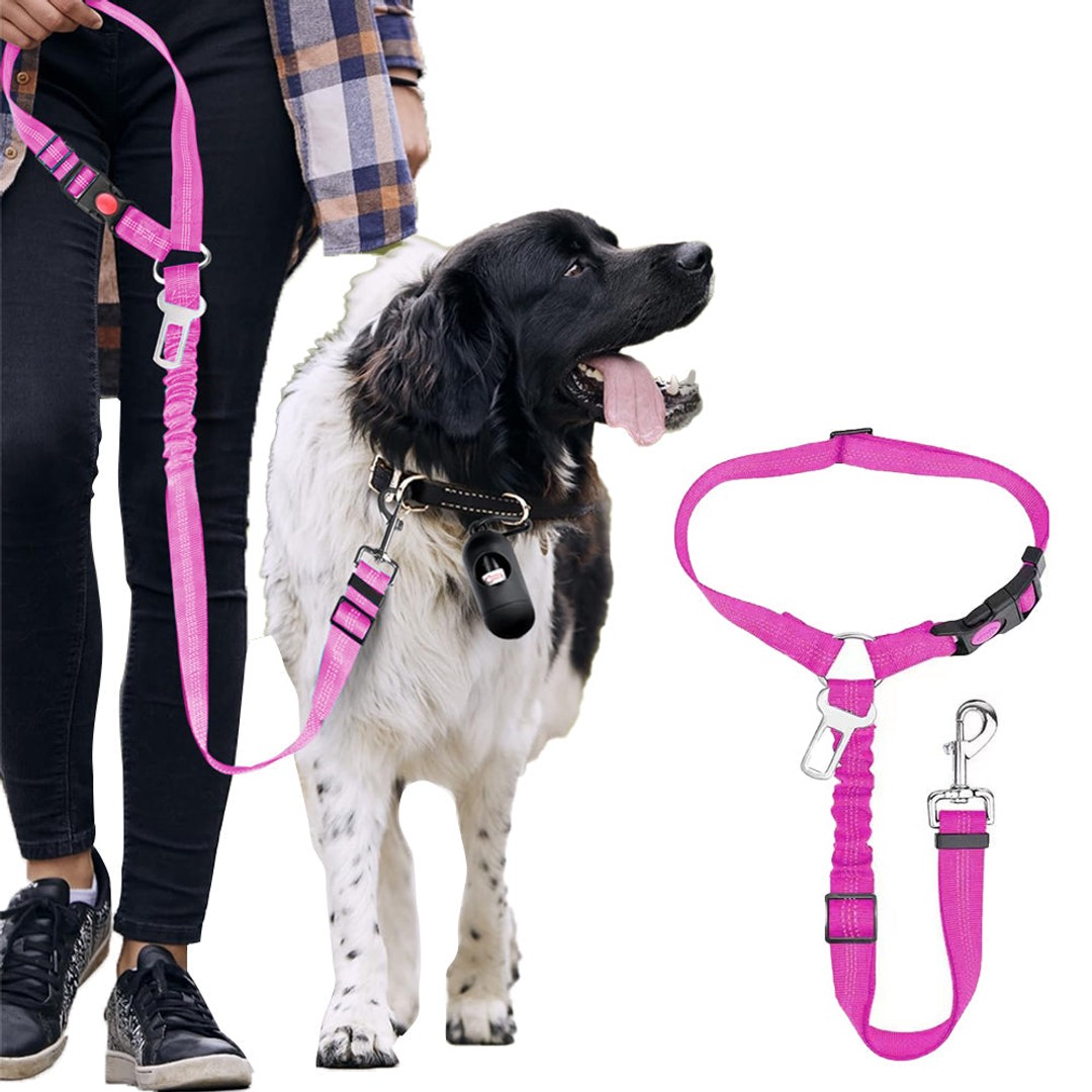 3-in-1 Removable Dog Seat Belt Harness for Car Retractable Reflective Bungee Dog Seatbelt Rose Red