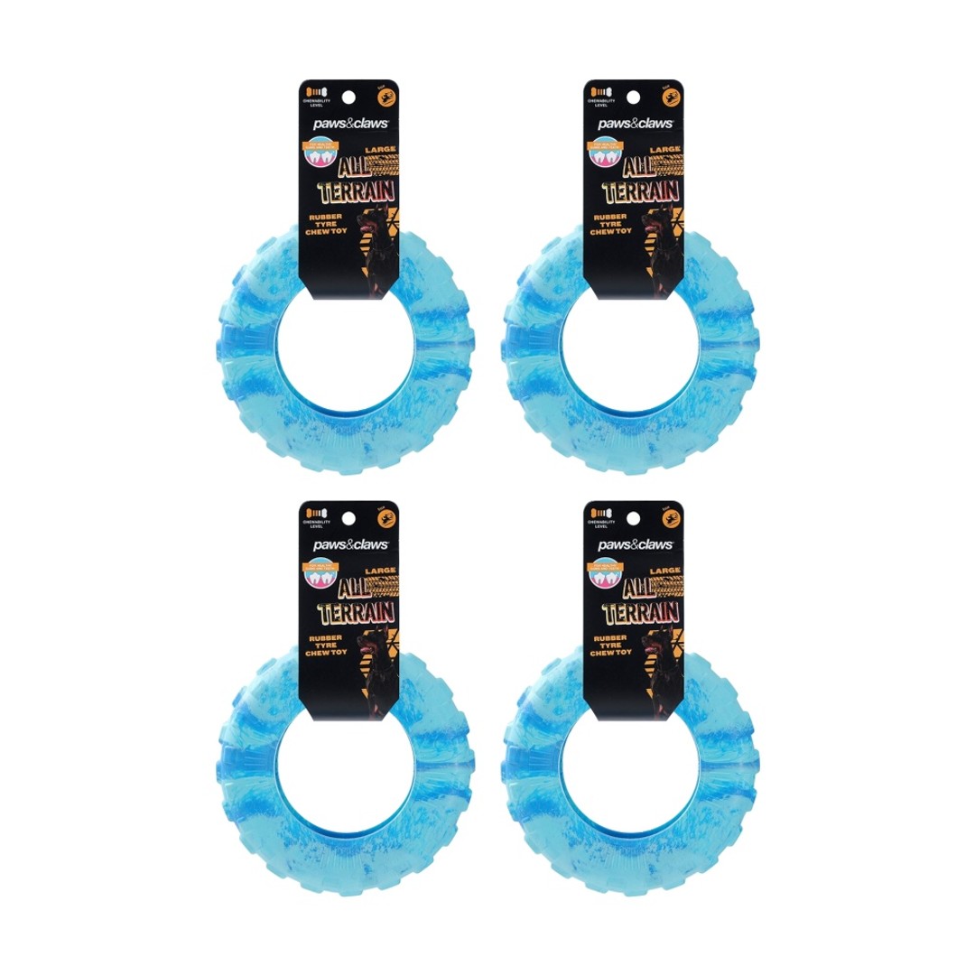 4x Paws And Claws All Terrain Rubber Tyre Dog Chew Toy Large Two-Tone 21x21x5.5cm