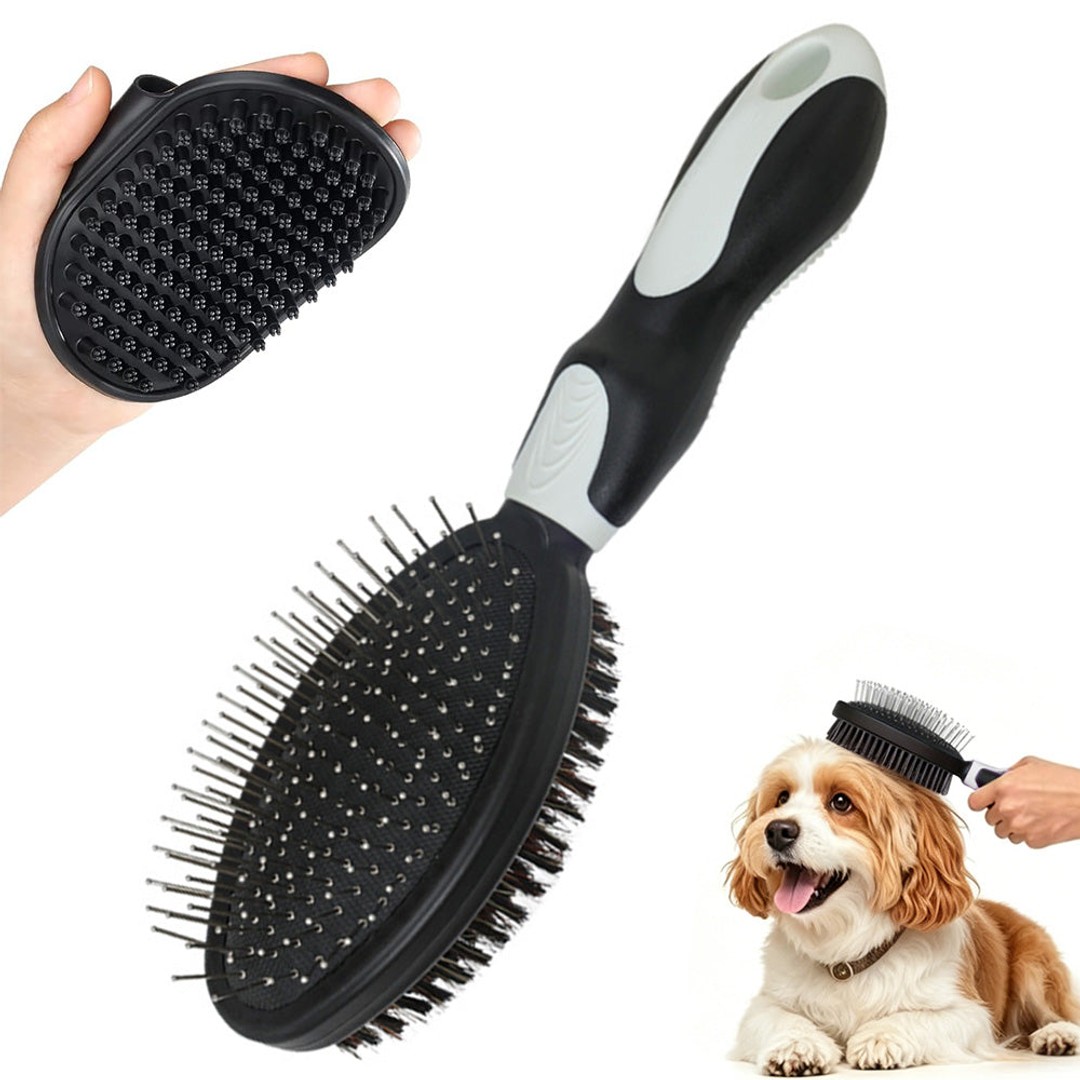 2 Pack Pet Grooming Brush Set Deshedding Double Sided Comb Massage Brush for Cats Dogs Horses-Black