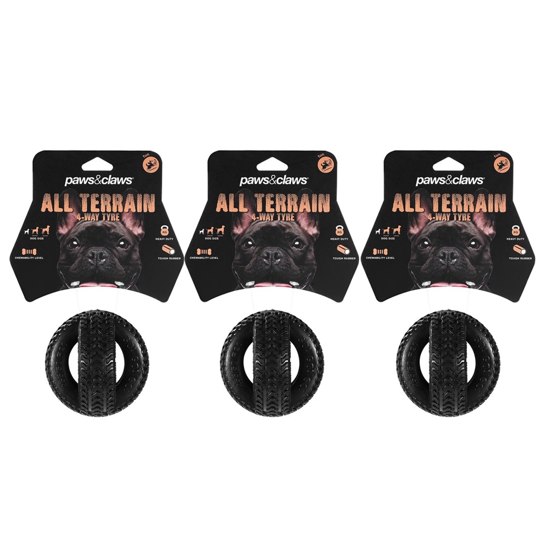 3x Paws & Claws 4-Way 9.5cm TPR Tyre Rubber Pet Dog Dental Teeth Clean Chew Toy