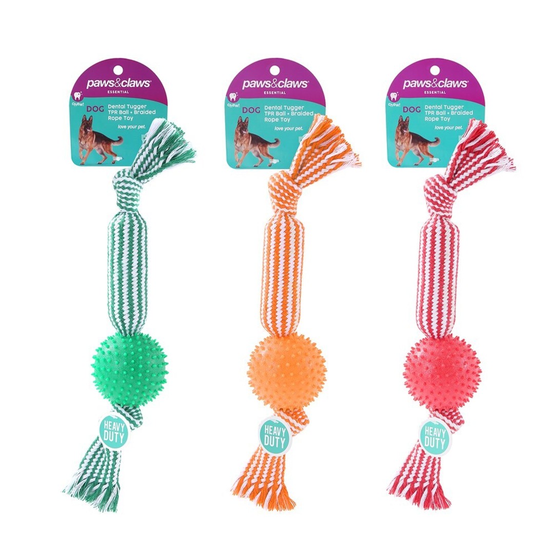 3x Paws & Claws 37cm Dental Tugger Dog/Pet Toy TPR Ball + Braided Rope Assorted