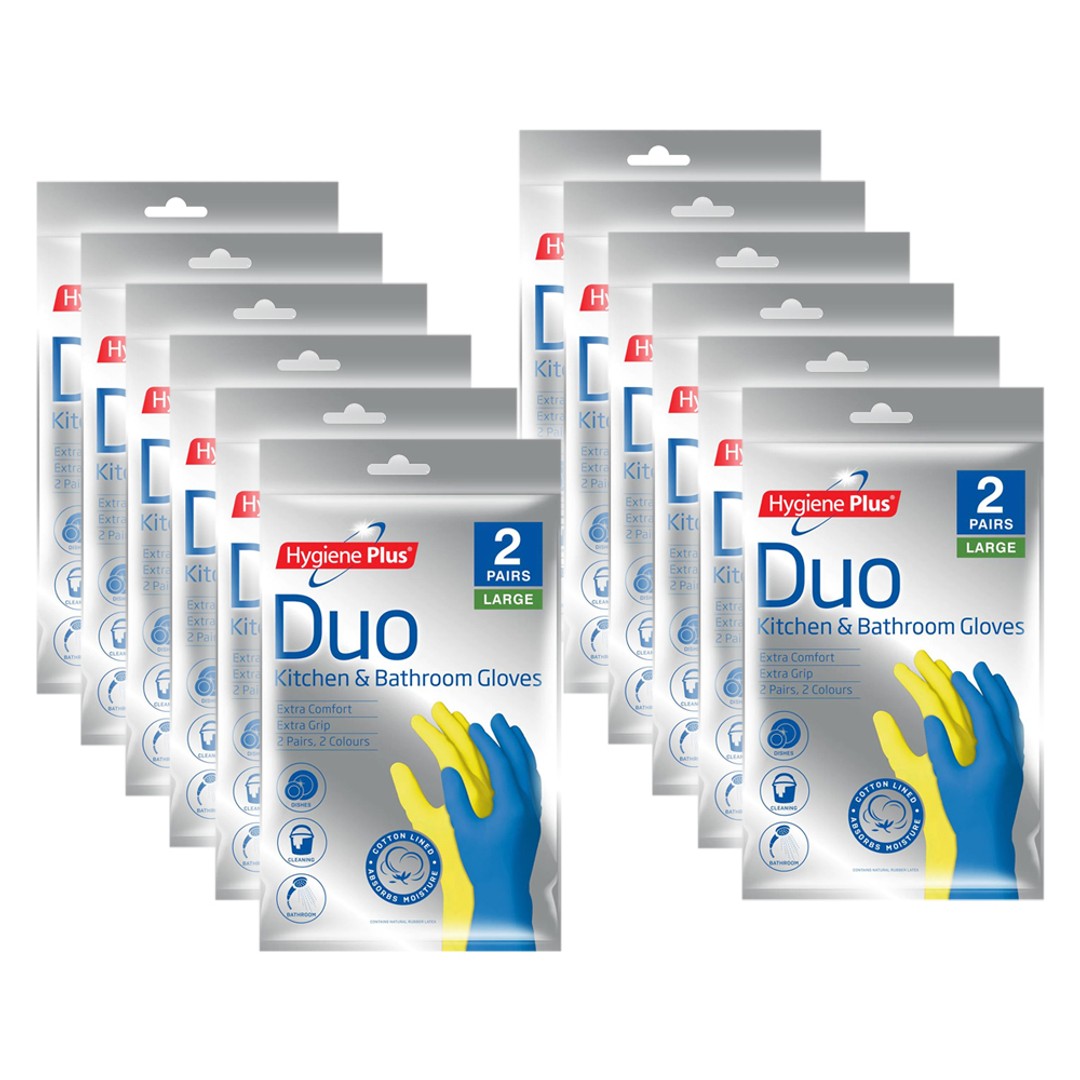 12x Pairs Hygiene Plus Duo Size L Kitchen/Bathroom Latex Cleaning Gloves Asstd