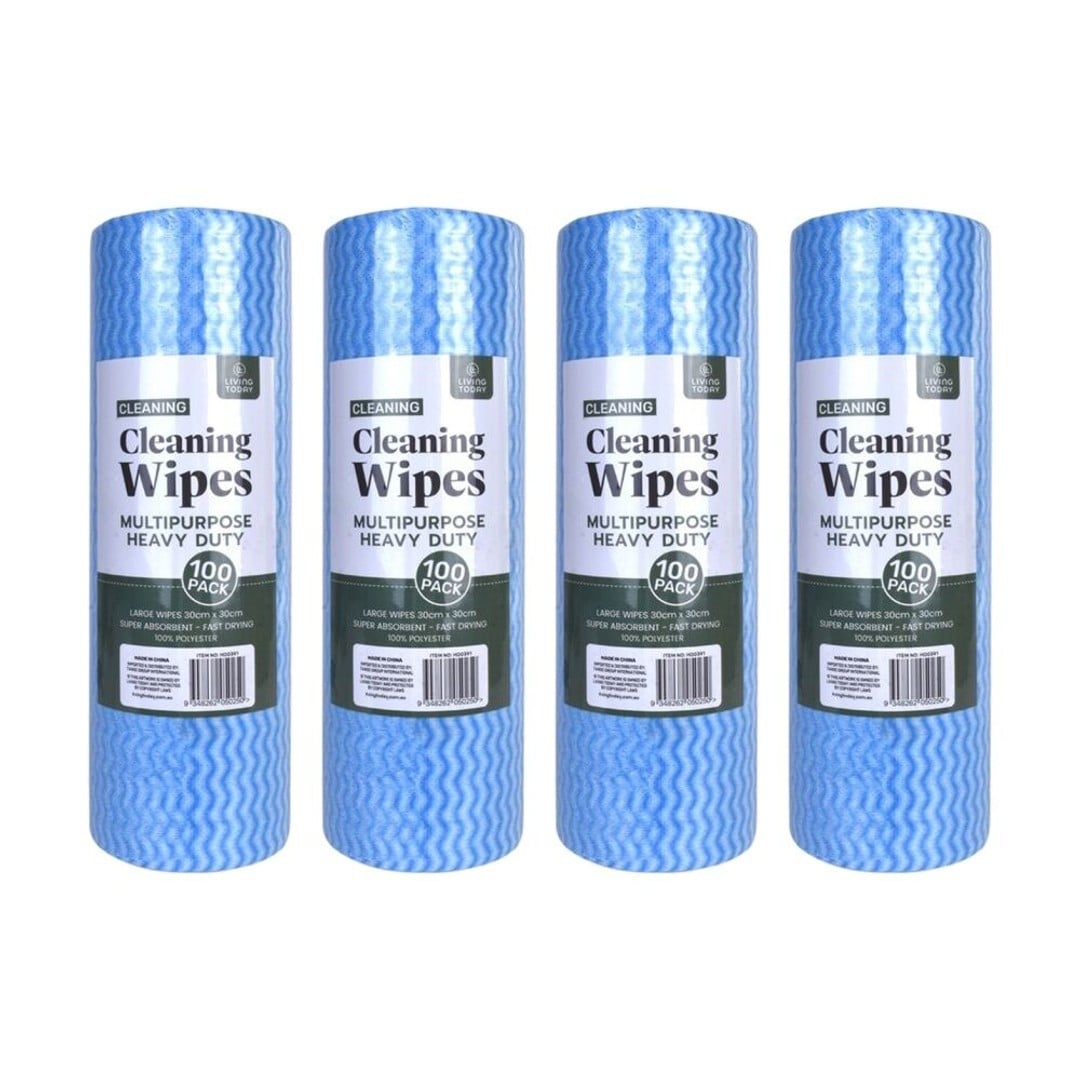 4PK 100PK Living Today Cleaning Wipes Heavy Duty XL Polyester Multipurpose 30cm
