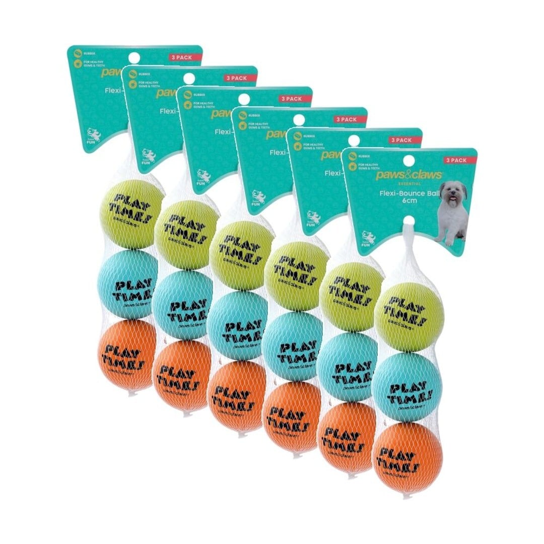 6x 3pc Paws and Claws Flexi-Bounce Ball 6cm Rubber Made Lightweight
