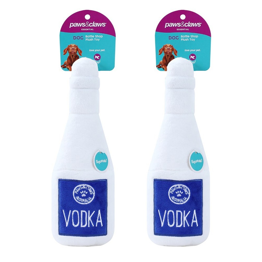 2x Paws & Claws Pet/Dog 31x10cm Vodka Bottle Shop Soft Plush w/ Squeaker Toy WHT