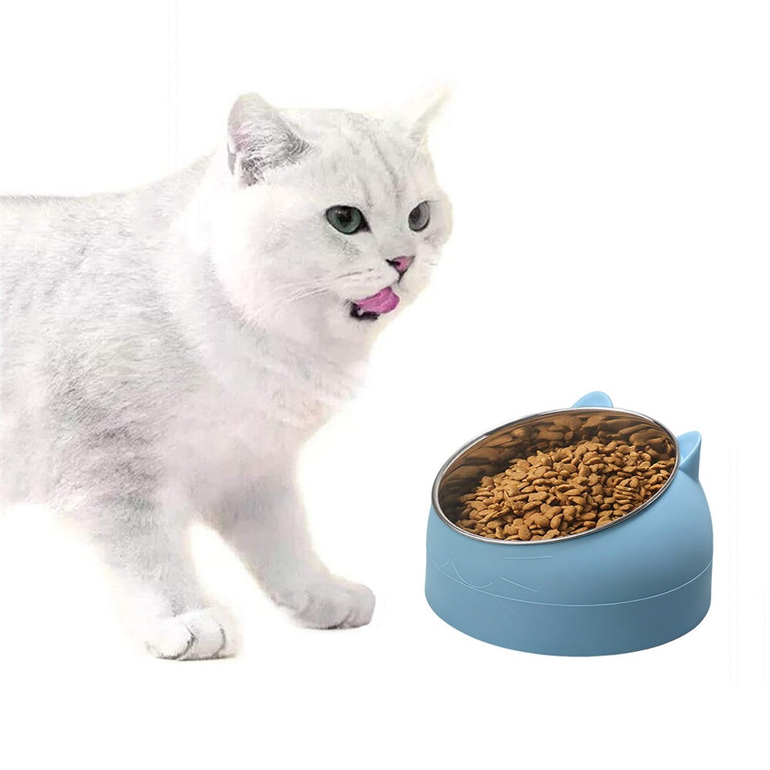 400ml Stainless Steel Tilted Pet Bowl Non-Slip Raised Feeder for Cats and Dogs-Blue