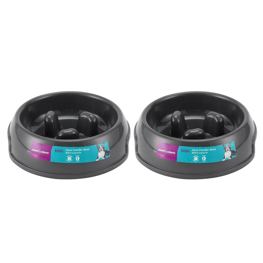 2PK Paws & Claws 800ml Slow Ridged Feeder Pet Dog/Cat Food Drinking Bowl Plate