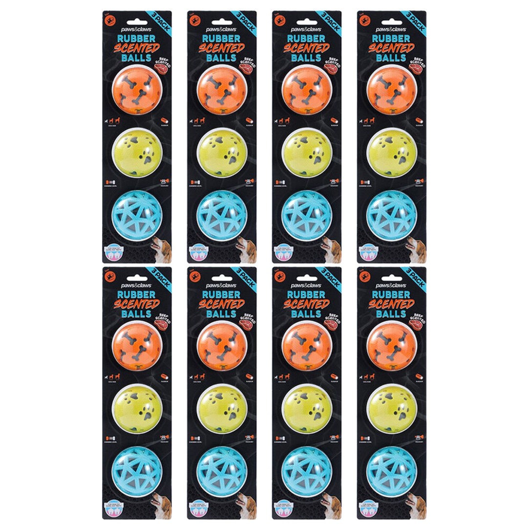 8PK 3pc Paws And Claws TPR Rubber Scented Beef Squeaky Dog Balls 7cm Assorted
