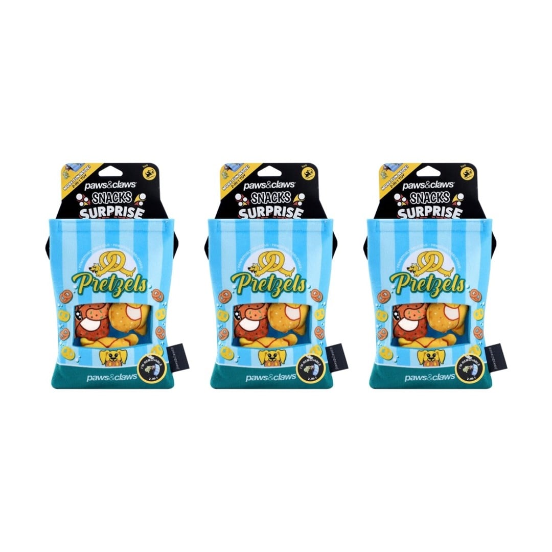 3x Paws And Claws Snack Surprise Pretzels Pet Dog Chew Squeaker Toy 20x14.5x5cm