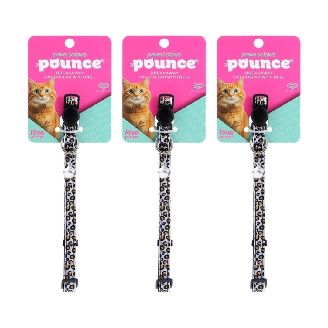 3x Paws And Claws Breakaway Cat Bell Pet Collar Cheetah Pattern 25-45cm Assorted