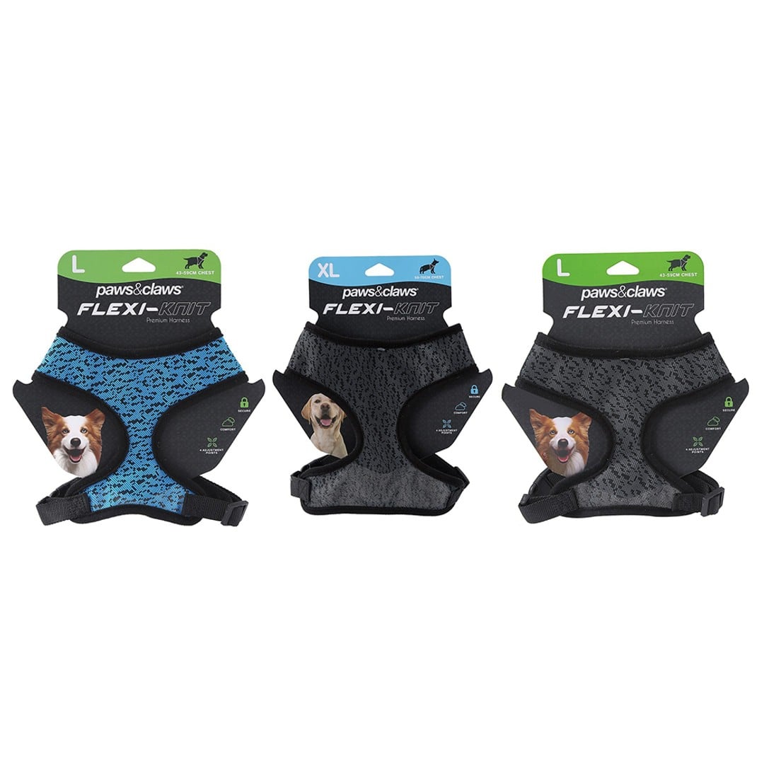 3x Paws & Claws Flexi-Knit Adjustable Harness Safety For L/XL/XXL Pet/Dog Asstd