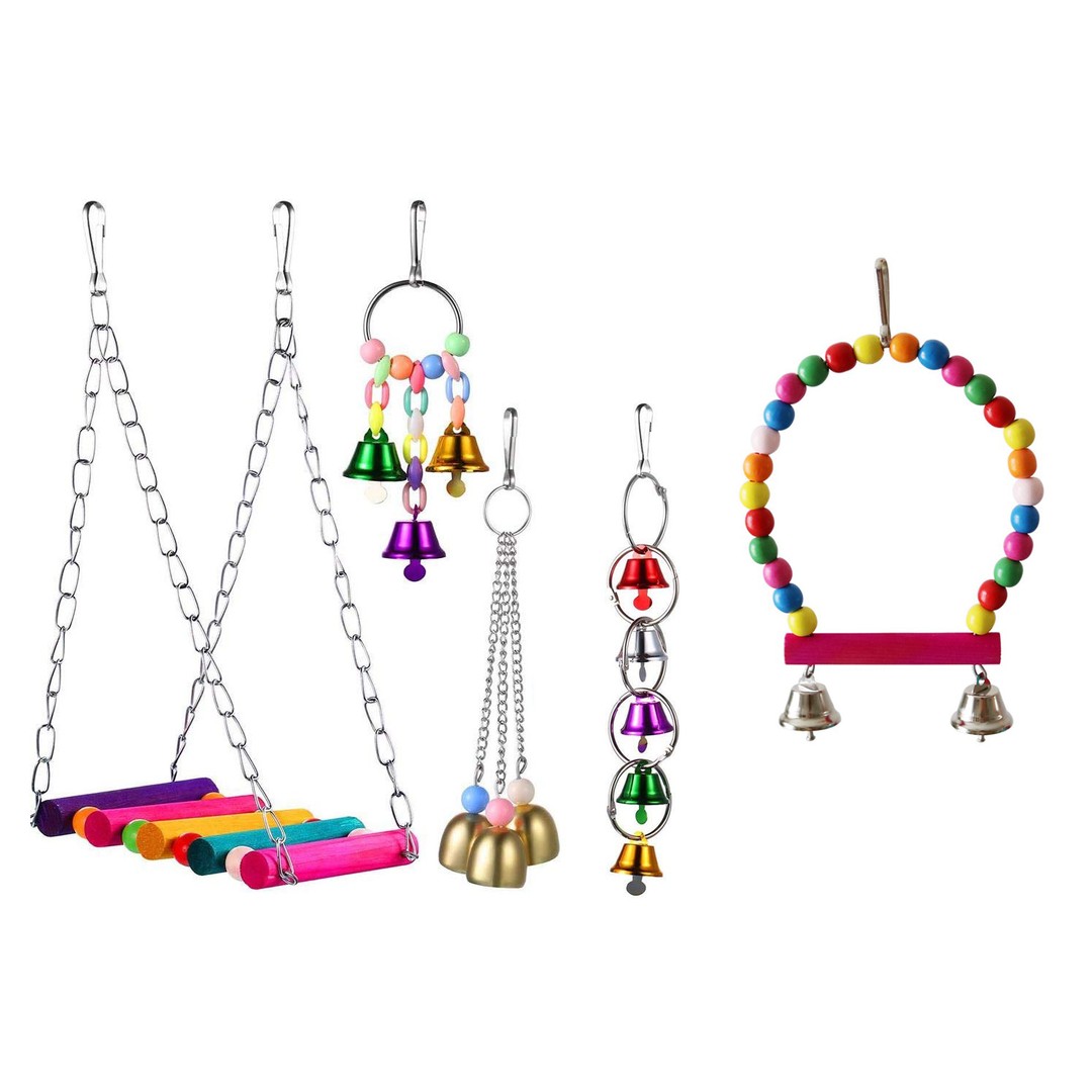 5pcs Bird Parrot Toys Hanging Bell Hammock Set
