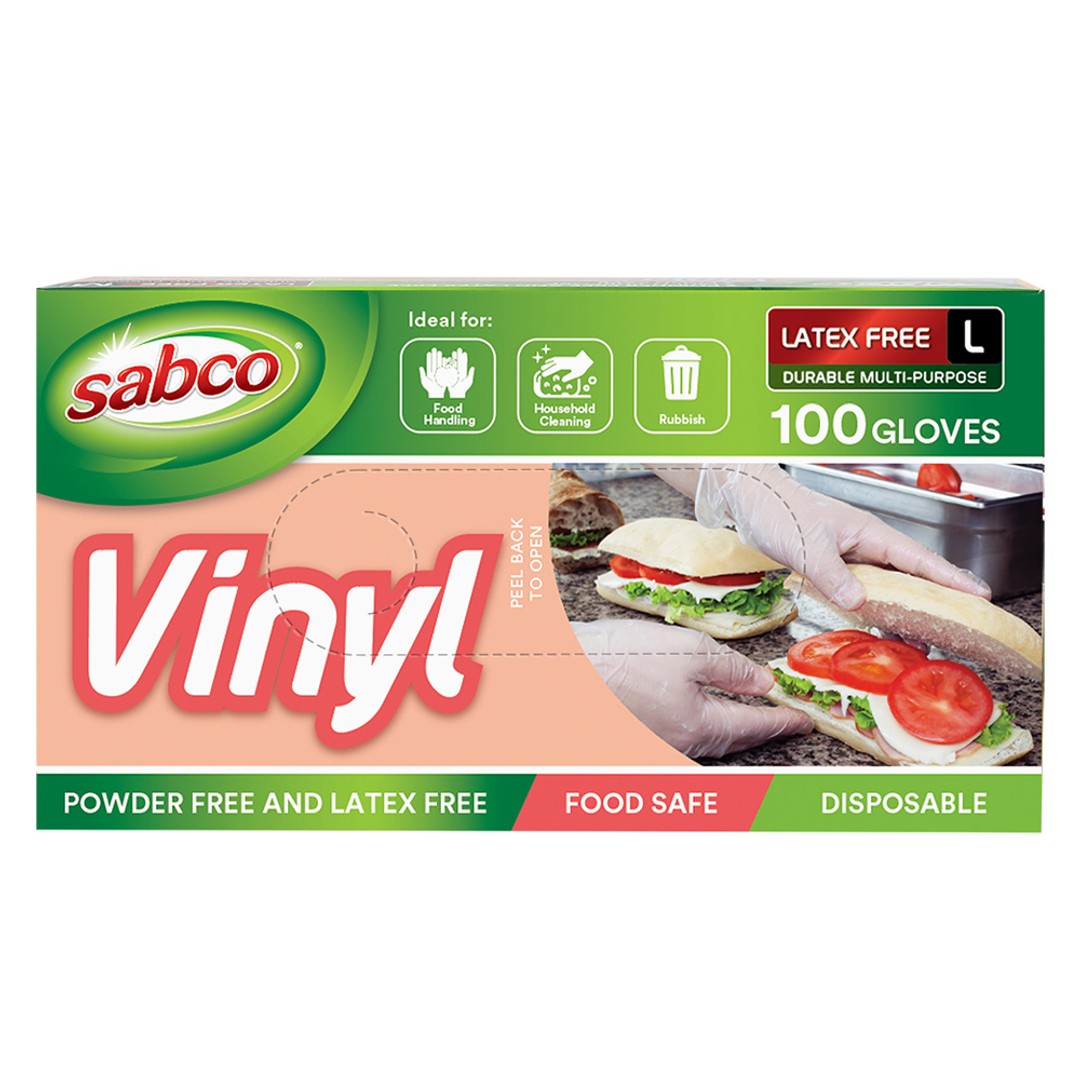 100pc Sabco Multi-Purpose 23cm Disposable Vinyl Latex-Free Gloves Large White