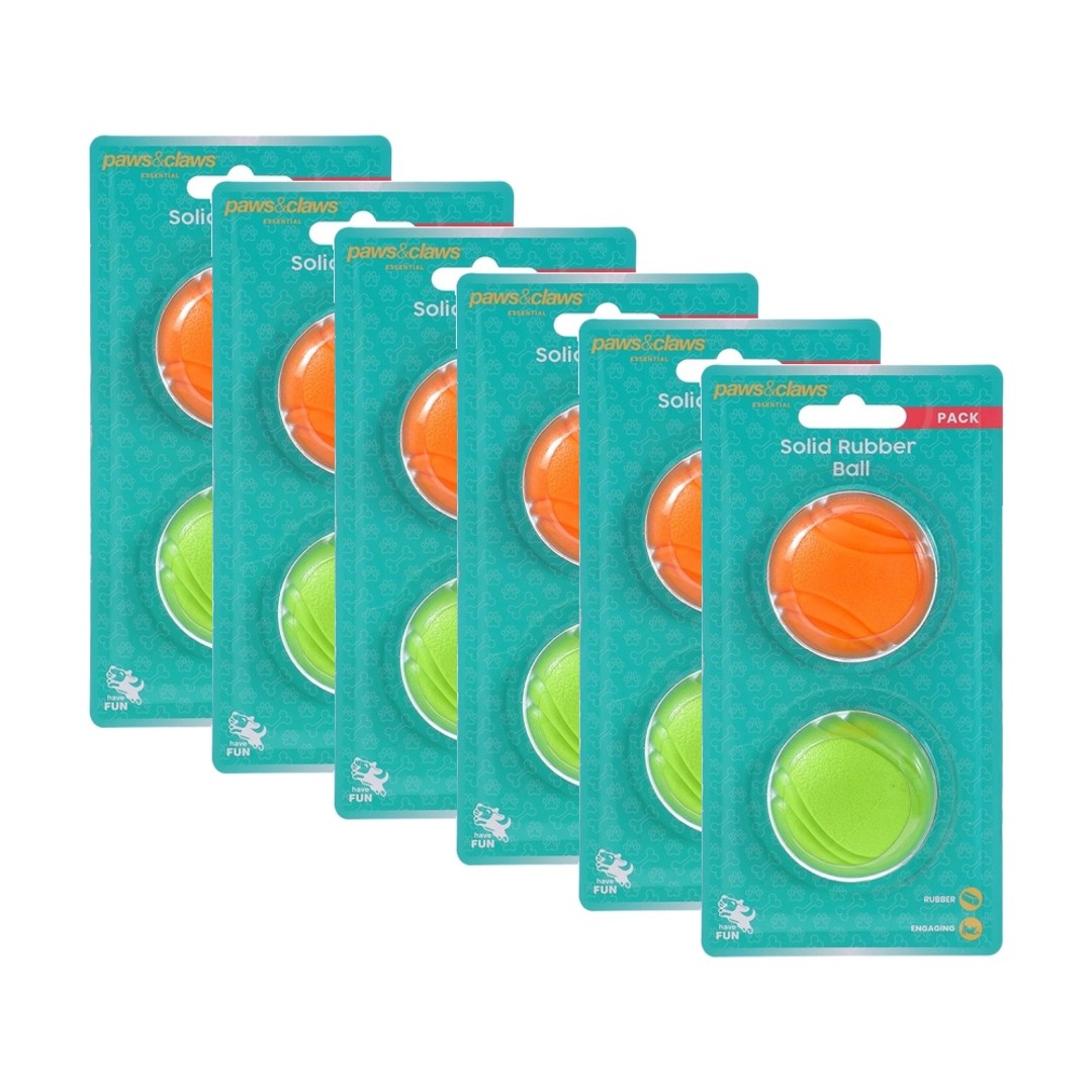 6x 2pc Paws And Claws Solid Rubber Ball Pet Dog chase/Fetch Toy Set Assorted