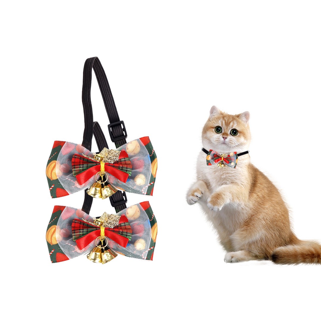 2Pcs Christmas Pet Bow Tie With Bell and Bow Dog Bow Tie Cat Kitten Plaid Collar-Style 3