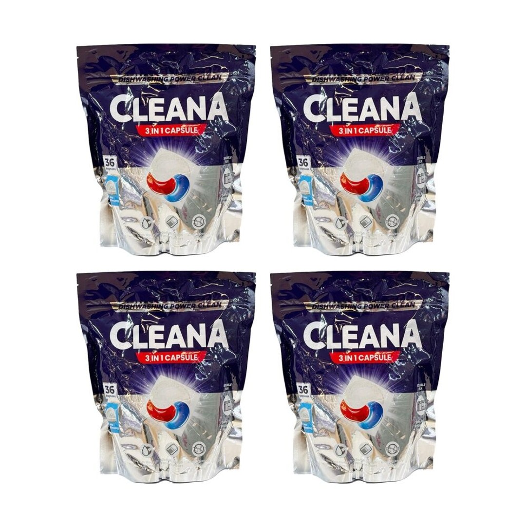 4x 36PK Cleana Power Clean Dishwashing Pod 3-in-1 Capsule 540g Lemon Scent