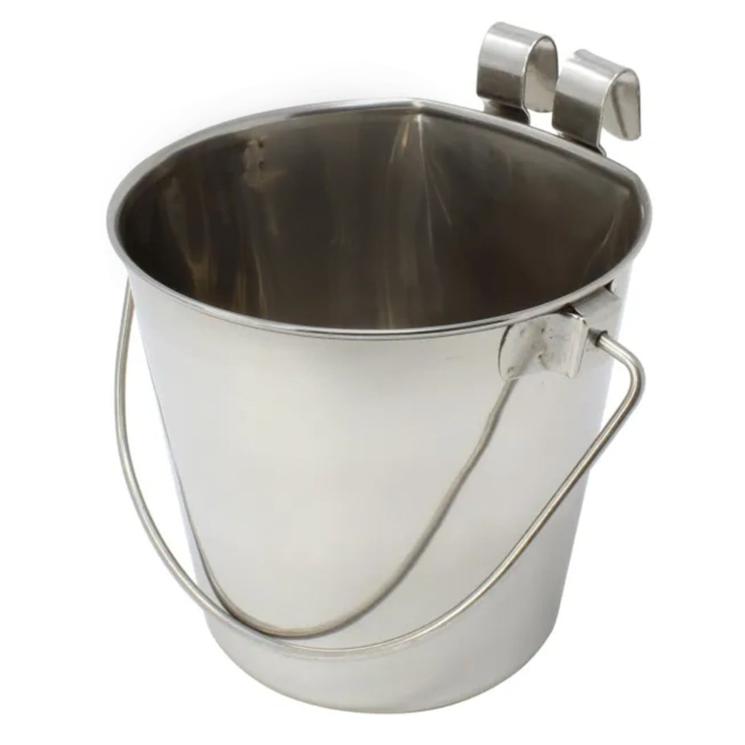 6L Flat Back Stainless Steel Hook Pet Drinking Bowl Hang Feeding Bucket w/Handle