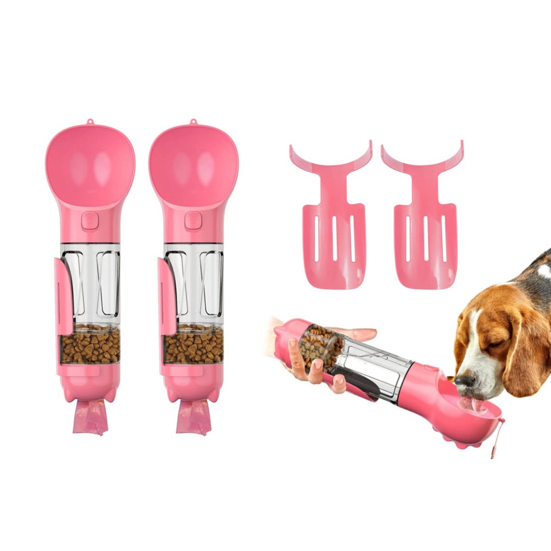 2Pcs 4 in1 Pet Feeder 300ml Dog Cat Water Bottle Travel Pooper Scooper For Outdoor-Pink