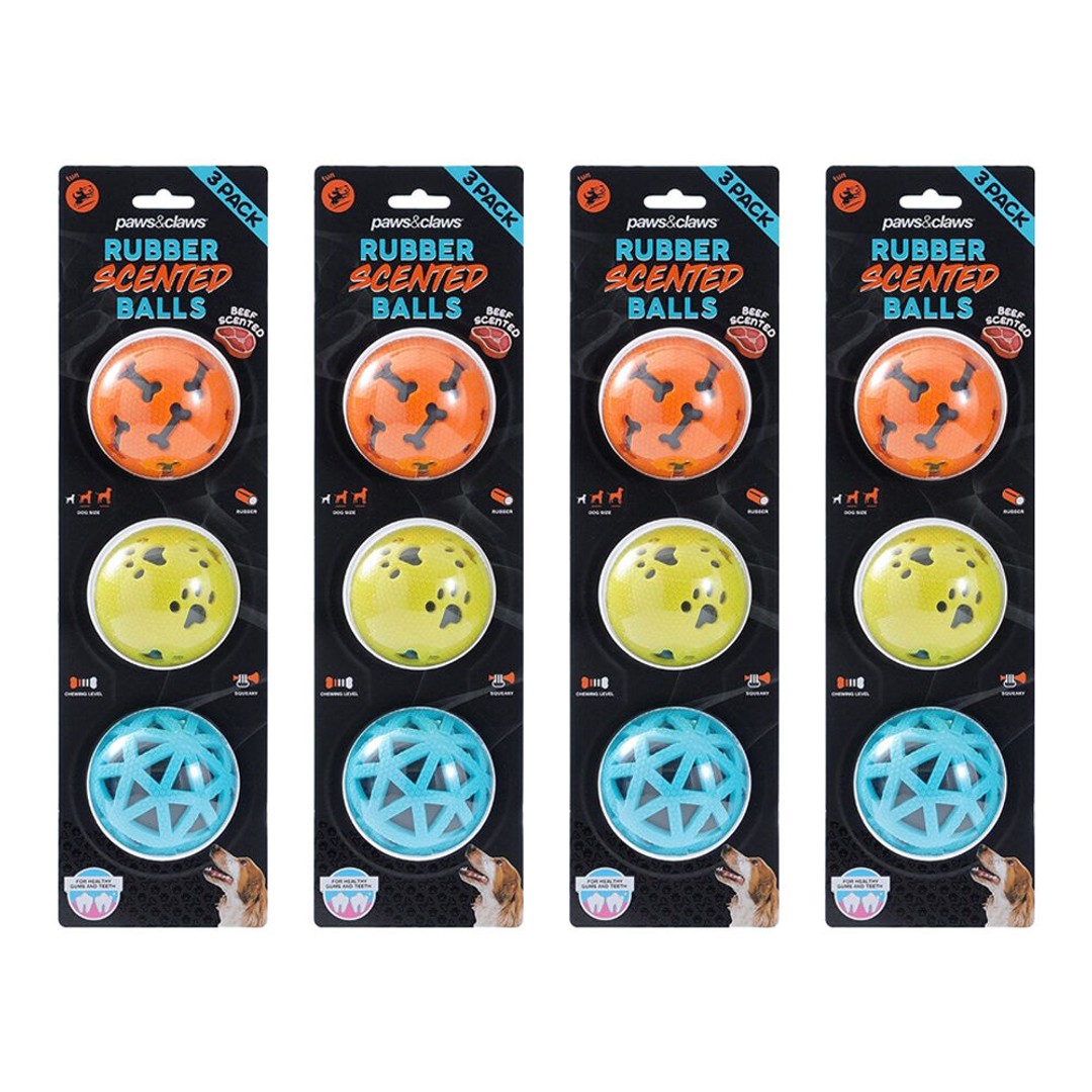 4PK 3pc Paws And Claws TPR Rubber Scented Beef Squeaky Dog Balls 7cm Assorted